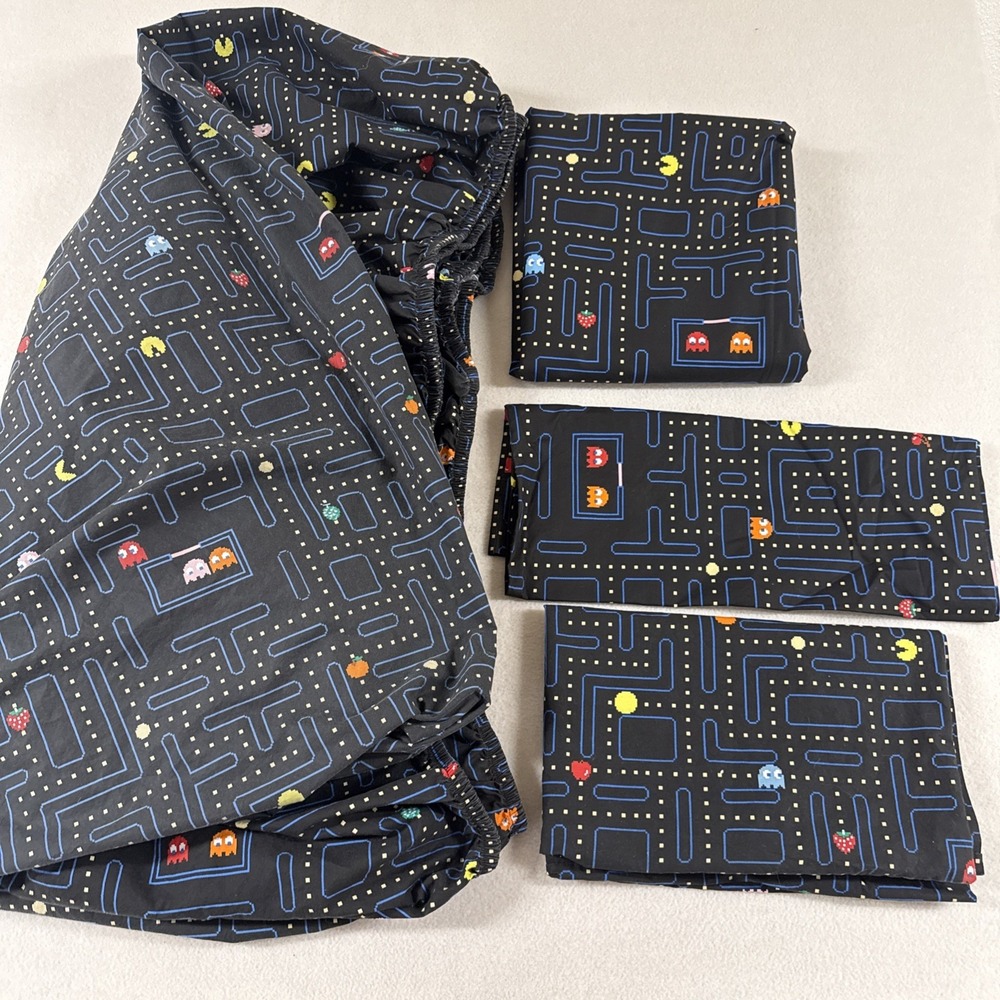 Pottery Barn Teen PAC MAN Full Sheet Set Flat Fitted Organic Cotton 2 Pillowcase